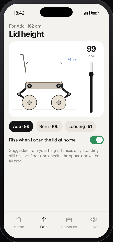 App rise screen: lid height slider at 99 cm with presets for each person.