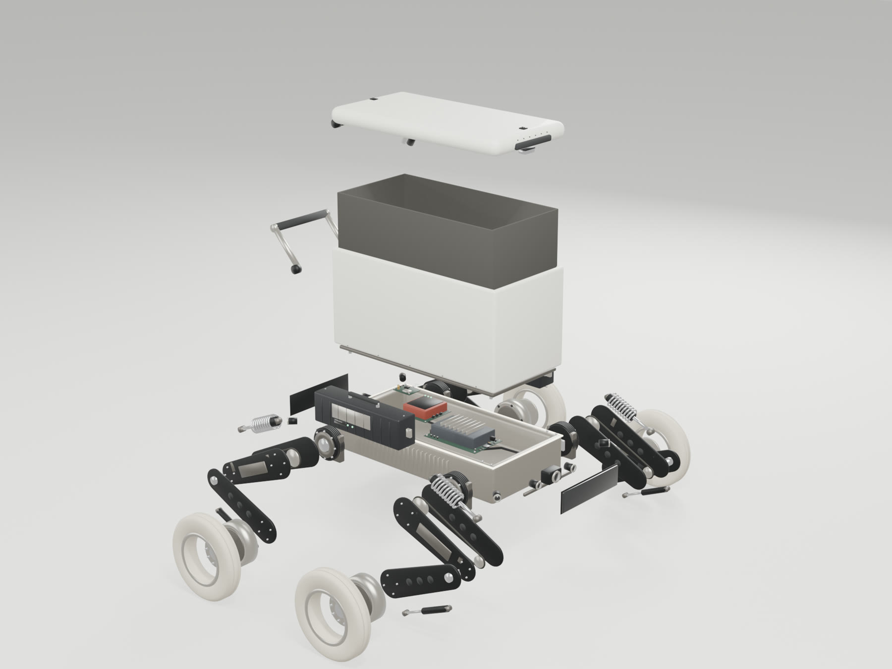 Tag exploded into its parts: lid above the felt liner and bay shell, module deck over two battery packs, compute and the safety controller inside the chassis, and each leg fanned out into hip module, thigh, shank, hub motor and tyre.