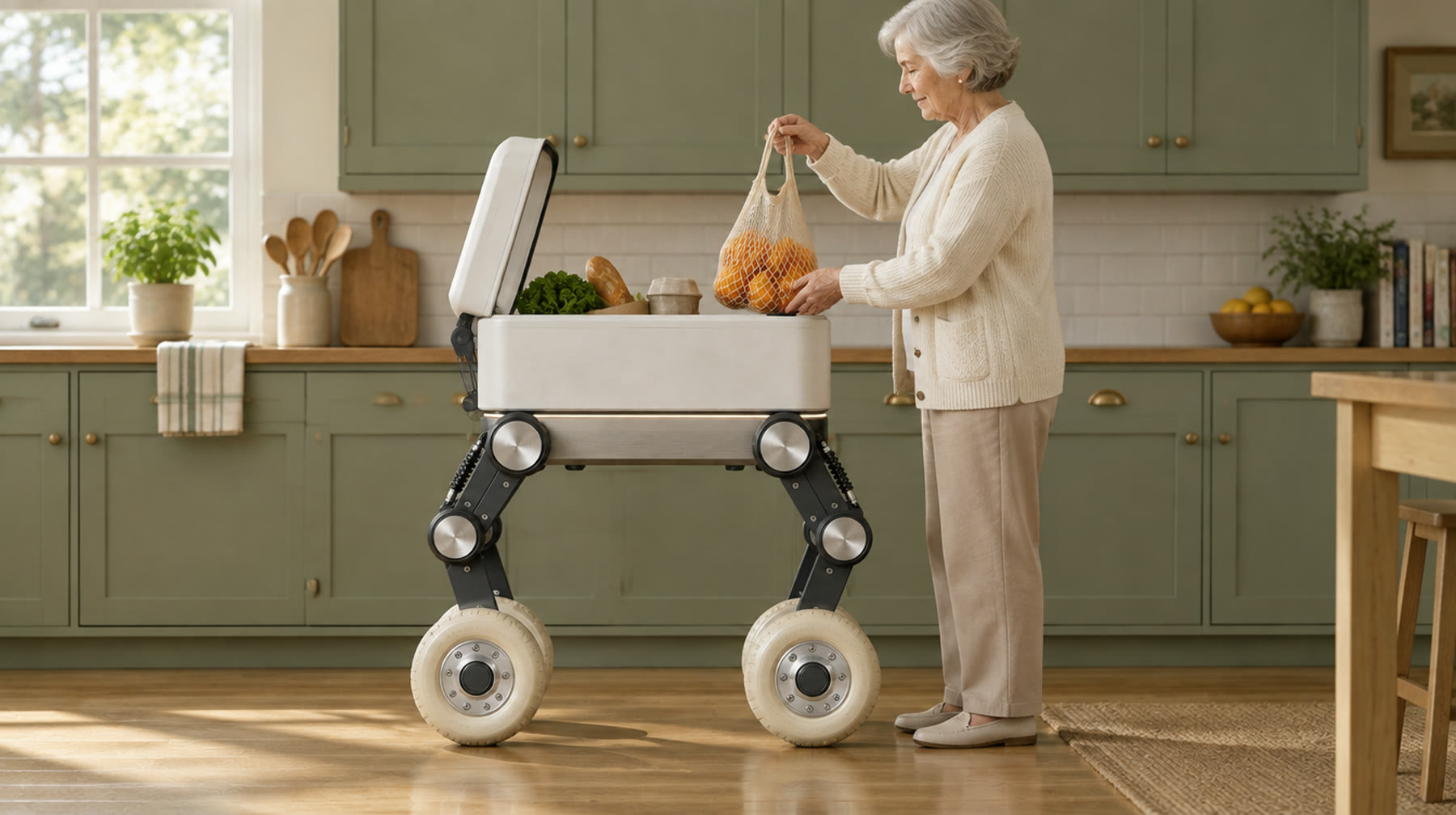 Side view in a kitchen: Tag risen on its two-joint legs so its open bay is level with the counter; a woman in her seventies stands straight at its end and lifts out a bag of oranges without bending.